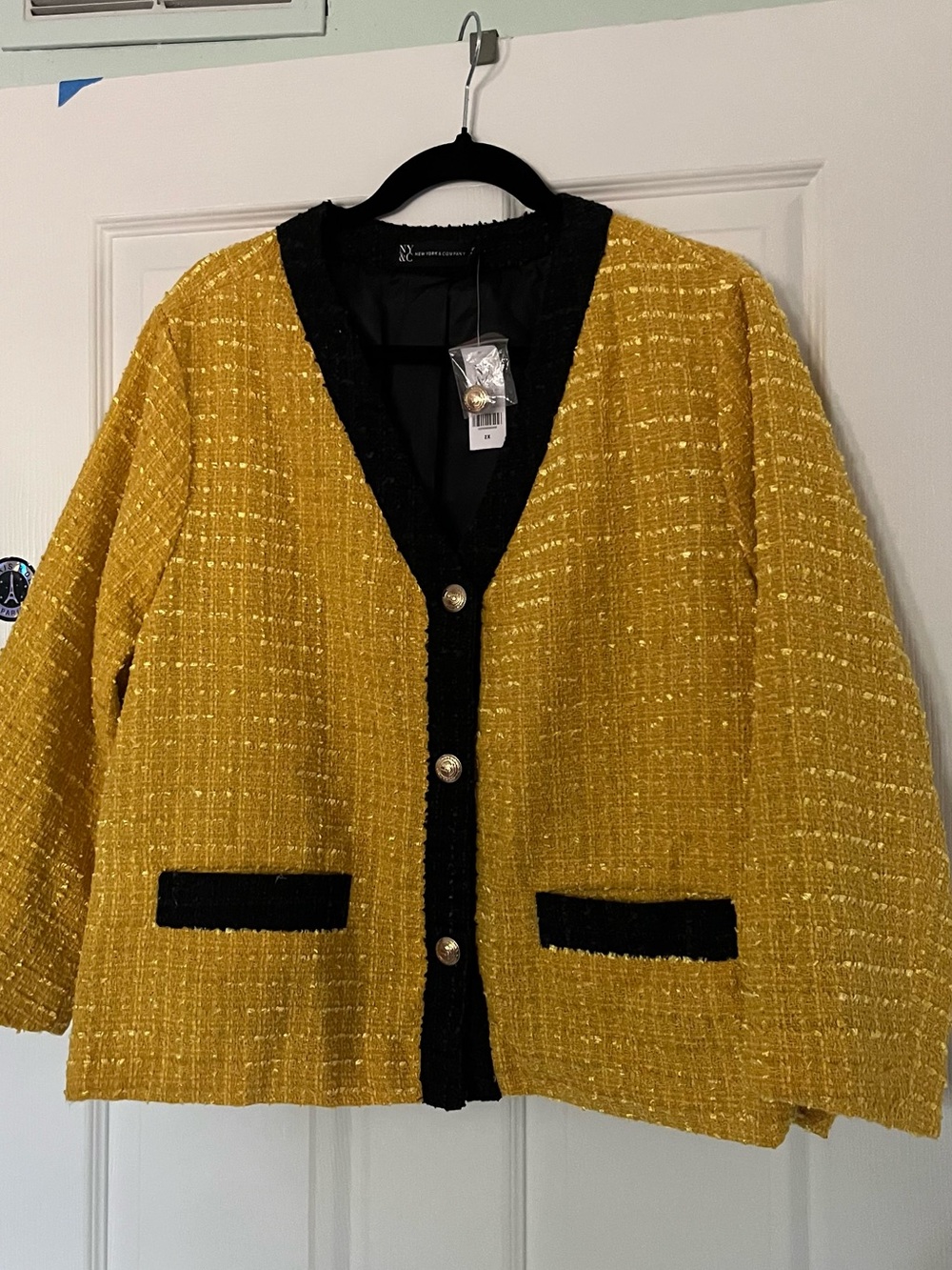 New York & Company Mustard Bouclé Jacket with Black Trim